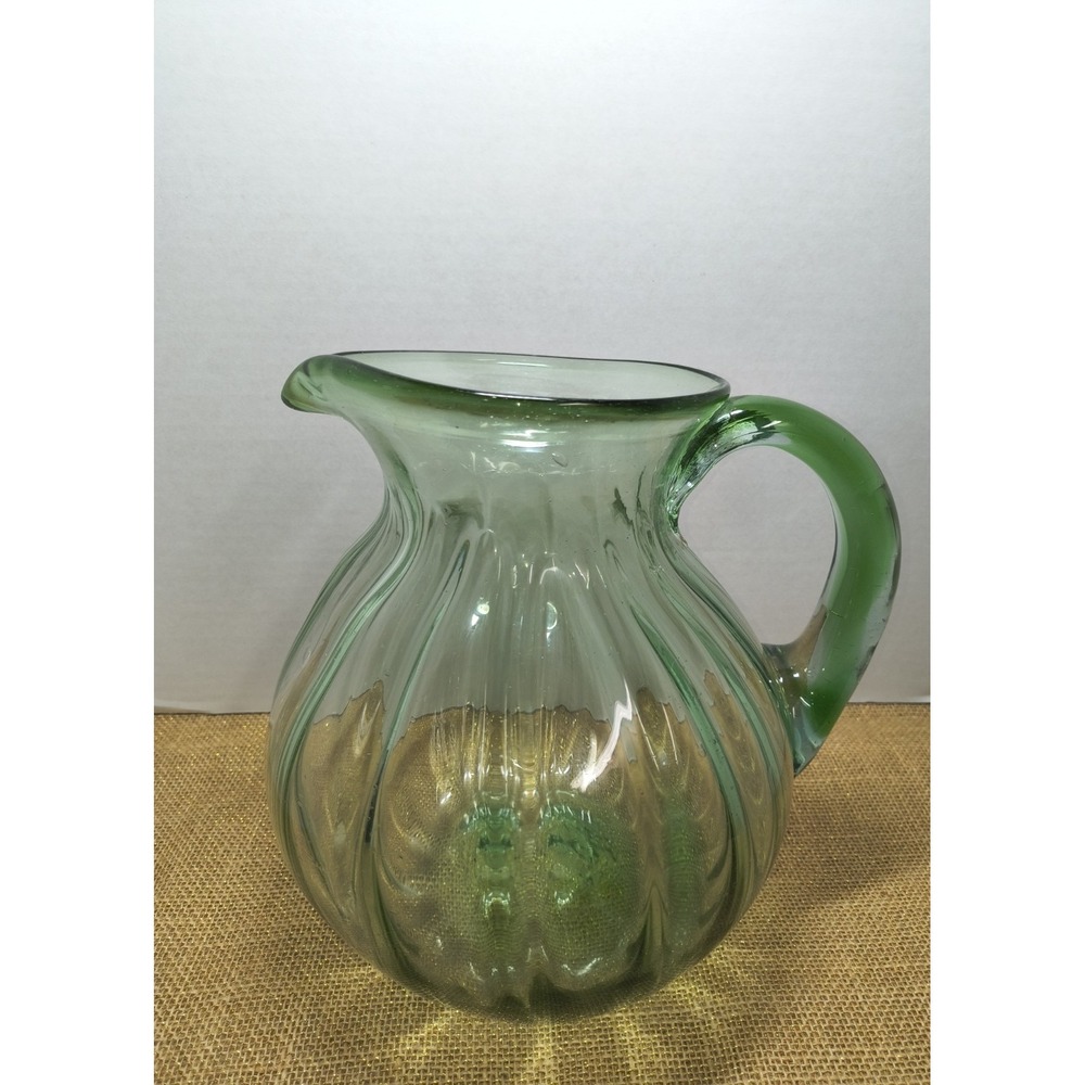 Mexican Blown Art Glass Pitcher Green Optic Ribbed W Spout Applied Handle Mexico